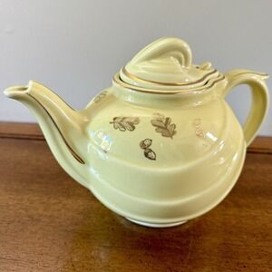 Vintage Yellow Hall Teapot MCM 0799 Collectible 6-cup Hook Lid Gold Acorn Leaf